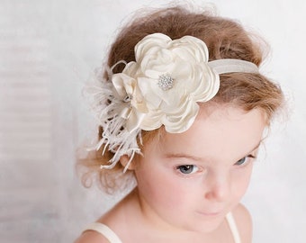 Ivory Baby Headband for Newborn, Christening, Baptism, Flower Girl, Baby Shower Gift, Newborn Photography Prop, Infant Headband, Hair Bows