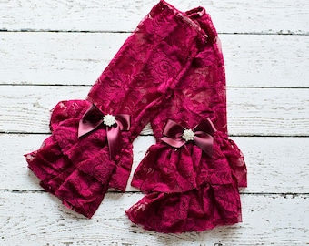 Lace Leg Warmers, Baby Leg warmers, Baby Lace Leg Warmer,  Burgundy Leg Lace Warmer, Boho Leg Warmers with an embellished bow