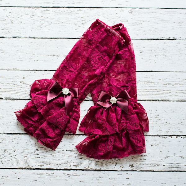 Lace Leg Warmers, Baby Leg warmers, Baby Lace Leg Warmer,  Burgundy Leg Lace Warmer, Boho Leg Warmers with an embellished bow