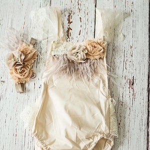 First birthday Outfit Girl, Baby Romper, Champagne Boho Girl Romper, Rustic Baby Romper, Cake Smash Outfit image 3