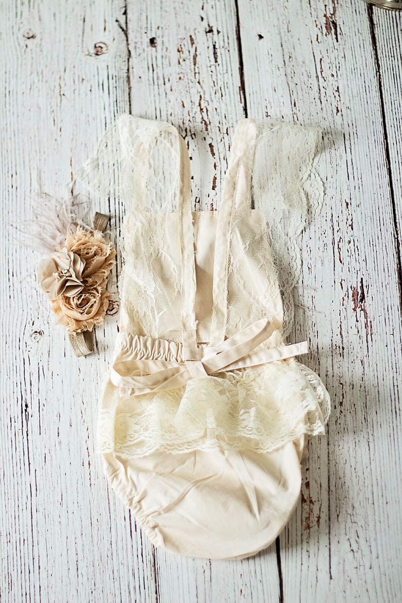 First birthday Outfit Girl, Baby Romper, Champagne Boho Girl Romper, Rustic Baby Romper, Cake Smash Outfit image 5