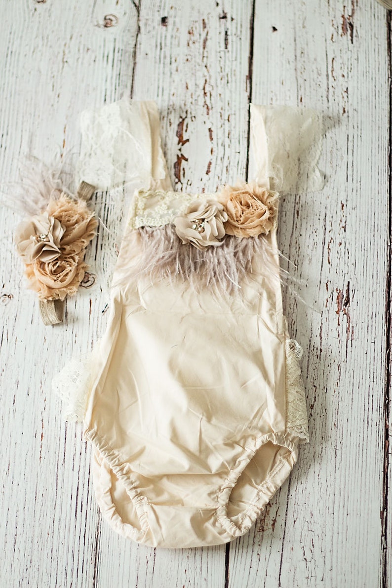 First birthday Outfit Girl, Baby Romper, Champagne Boho Girl Romper, Rustic Baby Romper, Cake Smash Outfit image 3