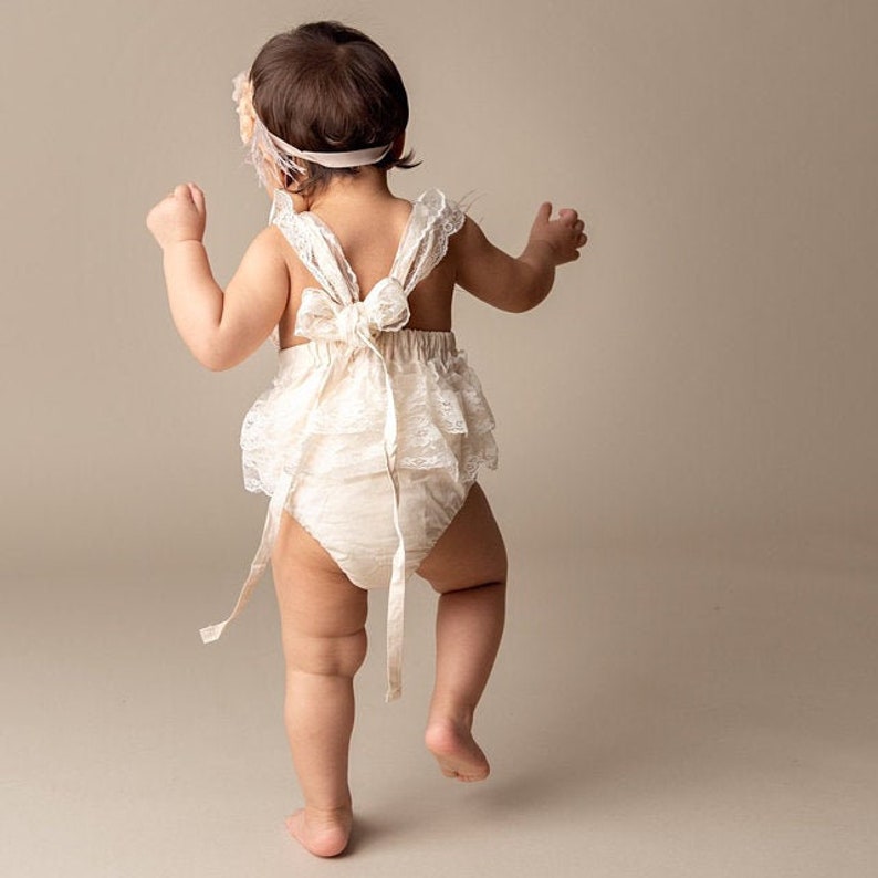 First birthday Outfit Girl, Baby Romper, Champagne Boho Girl Romper, Rustic Baby Romper, Cake Smash Outfit image 1