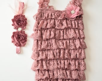 Mauve Baby Girl Romper, Rustic First/1st birthday Party Outfit Cake Smash Outfit, Baby Milestone Outfit