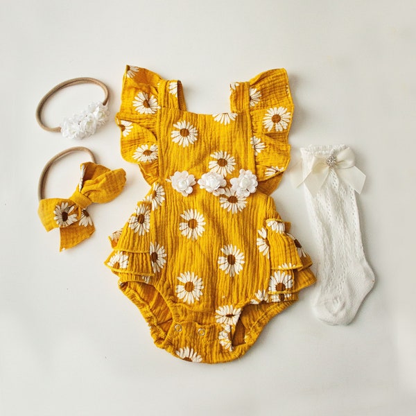 First birthday Outfit Girl, Yellow Daisy Floral Romper for Cake, Socks, Baby Girl Bow Headband