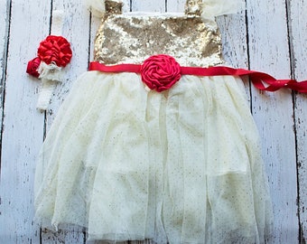 Girls Christmas Dress dress, Red Flower Girl Dress, Gold Dress, Christmas dress, Rustic Flower Girl Dress, Flower Girl Dresses