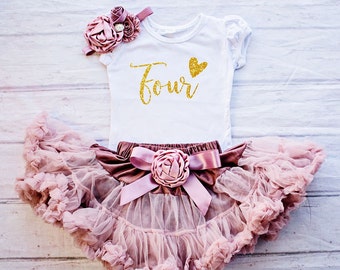 4th Birthday Outfit, Girl Birthday Shirt,  Fourth Birthday Outfit Girl, Mauve, Blush and Gold Birthday Outfit Set - Embellished Skirt & Top
