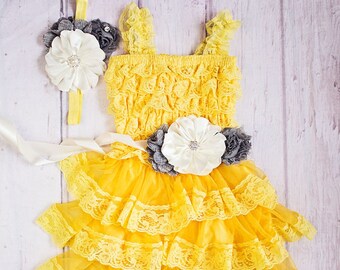 Sunflower Yellow Girl Lace Dress Country Style Flower Girl, Barn Wedding, Party, Thanksgiving, Christmas Gift