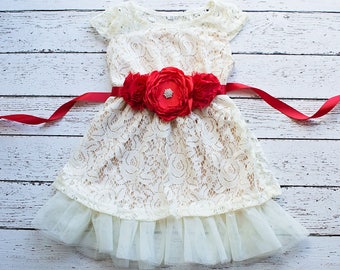 Girls Christmas Dress dress, Red Flower Girl Dress, Champagne Lace Dress, Christmas dress, Rustic Flower Girl Dress, Flower Girl Dresses