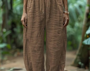 Cotton Lantern Pants for Women | Elastic Lace-Up Waist Loose Harem Pants | Casual Patch Pocket Trousers | Boho Wide Leg Pants