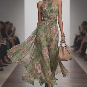 May include: A flowing, floral-print dress in shades of green and pink. The dress features a halter neckline, a cinched waist, and a long, flowing skirt. A beige handbag is held in the hand. The dress is worn on a runway.