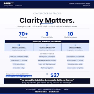Può includere: Un design grafico bianco e blu che promuove "Clarity Matters", un prodotto digitale per appaltatori e commercianti. L'immagine evidenzia funzionalità come prompt, script telefonici e pagine web. Il testo include "Download istantaneo PDF + Workbook."