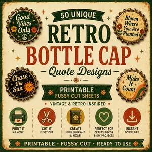 May include: A retro-inspired graphic showcasing bottle cap designs with motivational quotes. The design includes the text "50 Unique Retro Bottle Cap Quote Designs" and icons for crafting. The color scheme features brown, green, and orange hues.