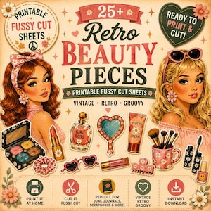 May include: A digital collage featuring retro beauty-themed elements. The image includes illustrations of women, makeup, and accessories. Text includes "Retro Beauty Pieces" and "Printable Fussy Cut Sheets". The color palette is vintage with pinks, peaches, and browns.