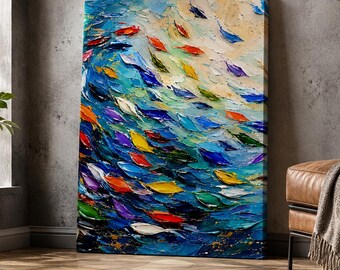 Modern Abstract Fish Shoal Wall Art, Colorful Ocean Fish Canvas Print, Coastal Home Decor Ready to Hang , Sea Life Wall Decor