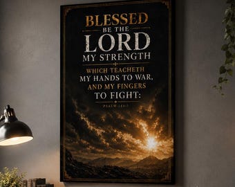 Psalm 144:1 Christian Wall Decor, Inspirational Bible Verse Canvas Print, Religious Artwork for Living Room Gift