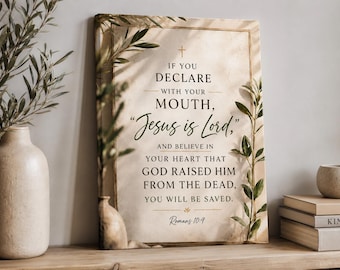 Romans 10:9 Scripture Wall Art, Jesus Is Lord Poster, Watercolor Botanical Christian Canvas Print Home Decor