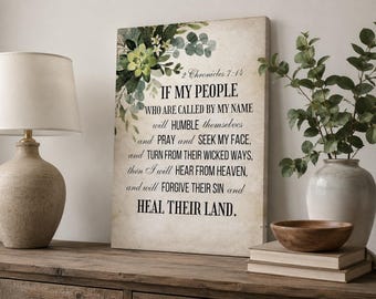 2 Chronicles 7 14 Christian Wall Art, Bible Verse Poster Print, Religious Canvas Decor for Bathroom Bedroom Home
