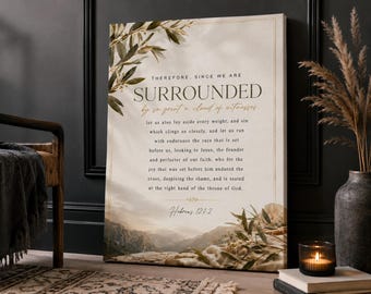 Hebrews 12 1-2 Scripture Poster, Bible Verse Wall Art, Christian Canvas Print for Bedroom Bathroom Home Decor