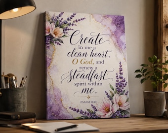 Psalm 51:10 Christian Wall Decor, Inspirational Bible Verse Canvas Print, Religious Artwork for Bedroom Living Room Gift