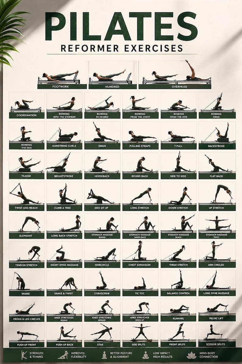May include: A Pilates reformer exercises chart with various poses, including Footwork, Hundred, and Overhead. The chart features a grid of illustrations demonstrating each exercise, with text labels for each pose. The overall color scheme is a neutral palette.