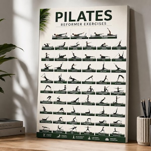 May include: Pilates reformer exercises chart. The poster features a cream background with green text and illustrations. The word "PILATES" is at the top, with "REFORMER EXERCISES" below. Black silhouettes demonstrate various exercises. A plant, books, pencils, and a mug are in the foreground.