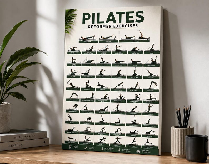 May include: Pilates reformer exercises chart. The poster features a cream background with green text and illustrations. The word "PILATES" is at the top, with "REFORMER EXERCISES" below. Black silhouettes demonstrate various exercises. A plant, books, pencils, and a mug are in the foreground.