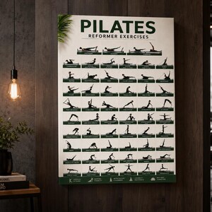May include: A Pilates reformer exercises poster with a cream background and dark green illustrations. The poster displays various exercises with silhouettes of people performing them. The word "PILATES" is at the top, with "REFORMER EXERCISES" below it.