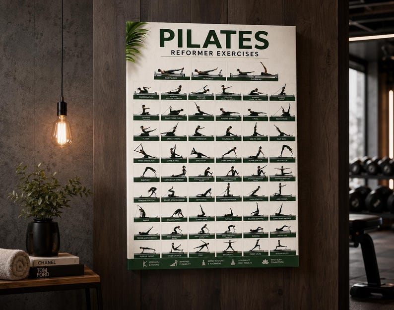 May include: A Pilates reformer exercises poster with a cream background and dark green illustrations. The poster displays various exercises with silhouettes of people performing them. The word "PILATES" is at the top, with "REFORMER EXERCISES" below it.