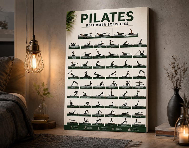 May include: A Pilates reformer exercises poster with a cream background and green text. The poster displays numerous black silhouette figures demonstrating various exercises. The word "PILATES" is at the top, with "REFORMER EXERCISES" below it.