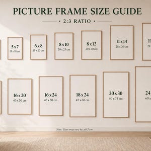 May include: A picture frame size guide with a 2:3 ratio, displaying various frame sizes in inches and centimeters. Sizes range from 4x6 inches (10x15 cm) to 24x36 inches (60x90 cm). The text "PICTURE FRAME SIZE GUIDE" is at the top.