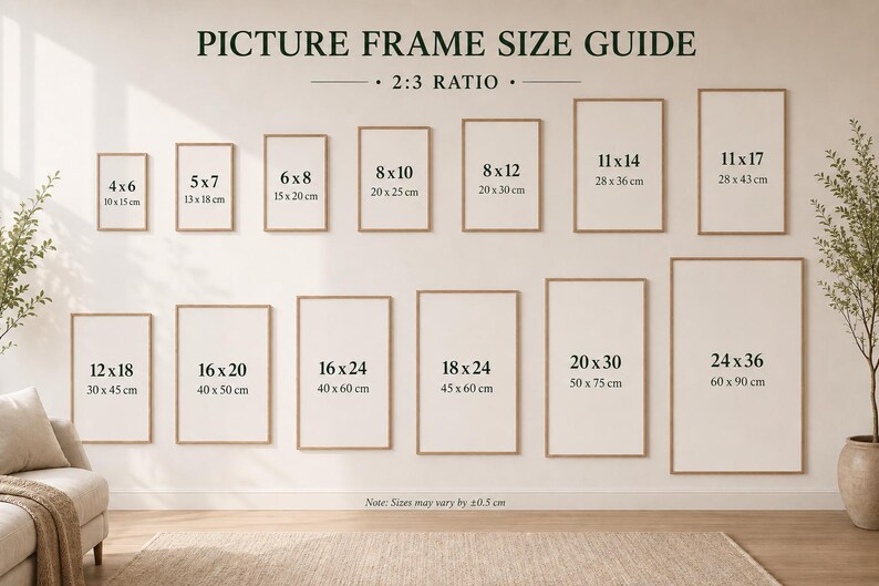 May include: A picture frame size guide with a 2:3 ratio, displaying various frame sizes in inches and centimeters. Sizes range from 4x6 inches (10x15 cm) to 24x36 inches (60x90 cm). The text "PICTURE FRAME SIZE GUIDE" is at the top.