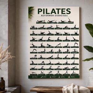 May include: A Pilates reformer exercises poster with a cream background and dark green borders. The poster features numerous black silhouette illustrations demonstrating various exercises. The title "PILATES REFORMER EXERCISES" is at the top.