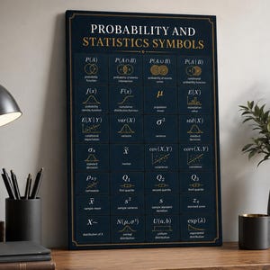 May include: A rectangular wall art print titled PROBABILITY AND STATISTICS SYMBOLS, featuring a dark blue background with gold text and mathematical diagrams arranged in a grid, including notations like P(A), f(x), and sigma squared.