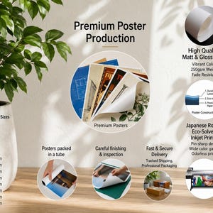 May include: Image showcasing premium poster production, highlighting available sizes from 4x6 inches to 24x36 inches. Features include high-quality matte and gloss paper, vibrant colors, and fade resistance. Posters are packed in tubes with careful finishing and fast delivery.