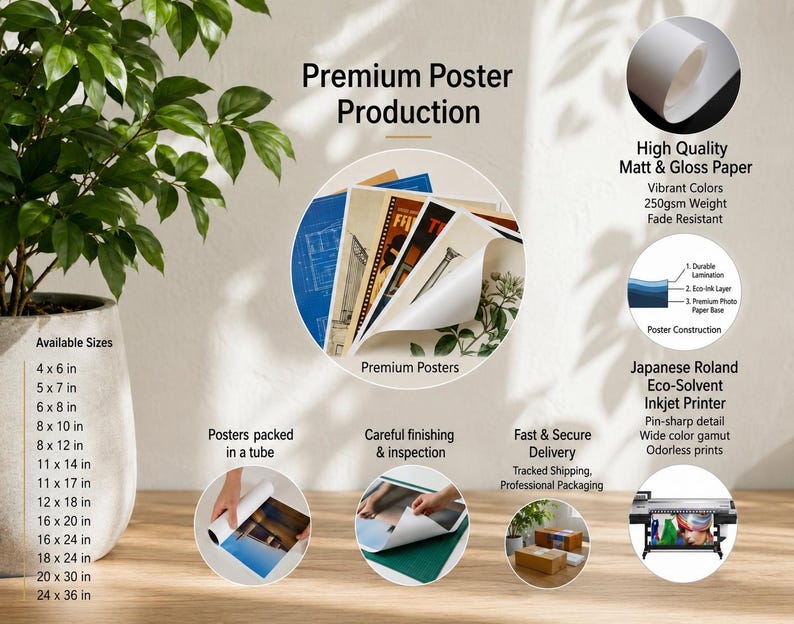 May include: Image showcasing premium poster production, highlighting available sizes from 4x6 inches to 24x36 inches. Features include high-quality matte and gloss paper, vibrant colors, and fade resistance. Posters are packed in tubes with careful finishing and fast delivery.