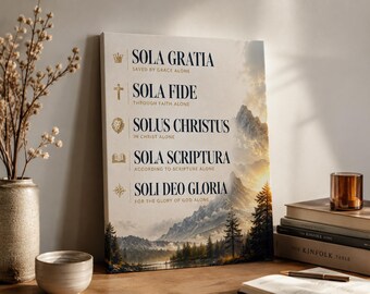 The Five Solas Christian Wall Art, Reformation Theology Poster, Vintage Scripture Canvas Print for Home Decor