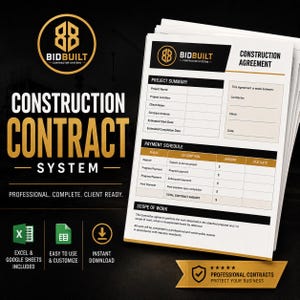 Könnte beinhalten: Ein Stapel weißer Bauvertragsformulare mit schwarzem und goldenem Text. Die Formulare enthalten Abschnitte für Projektdetails, Zahlungspläne und Leistungsumfang. Das Logo lautet "Bidbuilt Contractor Systems."