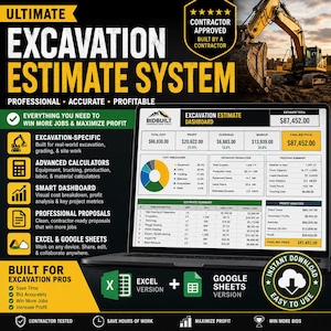 May include: A laptop screen shows an excavation estimate system with data and charts. The software is designed for excavation professionals, offering features like advanced calculators, a smart dashboard, and Excel/Google Sheets compatibility. The system promises to save time and increase profits.