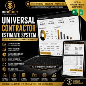 Puede incluir: Un portátil y una tableta muestran un sistema de estimación de construcción. La pantalla del portátil muestra un panel de estimación con datos financieros, mientras que la tableta muestra una estimación de construcción detallada. La imagen incluye el texto "Universal Contractor Estimate System."