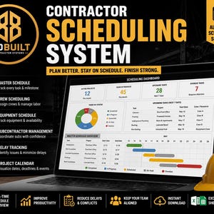 May include: A laptop displaying the BidBuilt contractor scheduling system dashboard with project tracking, crew management, and equipment scheduling features. The screen shows a pie chart, task lists, and a Gantt chart, alongside a yellow hard hat.