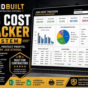 May include: A laptop screen shows a job cost tracker dashboard with financial data, charts, and graphs. The software is designed for contractors, featuring real-time profit, cost tracking, and budget status. The interface includes project phases, change orders, and payment tracking.