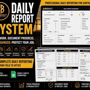 May include: A digital dashboard and printed report templates for the BidBuilt contractor system. The display shows a daily report for a riverfront retaining wall project, including crew summaries, equipment usage, site conditions, and supervisor sign-offs.