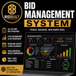 Pode incluir: Uma tela de laptop preta exibindo o painel do sistema de gerenciamento de licitações BidBuilt com visualizações de dados, incluindo um gráfico de pizza, gráficos de barras e listas de projetos. O texto diz BidBuilt Contractor Systems, Track, Manage, Win More Bids.