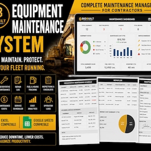 Könnte beinhalten: Eine digitale Marketinggrafik für das BidBuilt Equipment Maintenance System mit einem Laptop, der ein Wartungs-Dashboard anzeigt, sowie gedruckten Berichten für Zeitpläne, Reparaturprotokolle und Inspektionen.