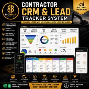 May include: A digital software interface for contractor CRM and lead tracking, featuring a dashboard with sales pipeline charts, revenue forecasting, and a kanban board. The display includes mobile and desktop views with text labels for business management.