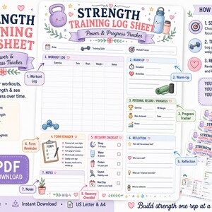 May include: A printable strength training log sheet featuring sections for workout logs, warm-ups, personal records, form reminders, recovery checklists, reflections, and notes. The document includes illustrations of a kettlebell, water bottle, and dumbbells.