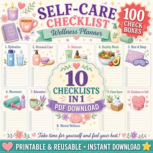 May include: A self-care checklist wellness planner featuring 100 check boxes and 10 checklists in 1 PDF download. The design includes illustrations of a candle, tea, water bottle, skincare products, healthy food, a pillow, and a heart character.