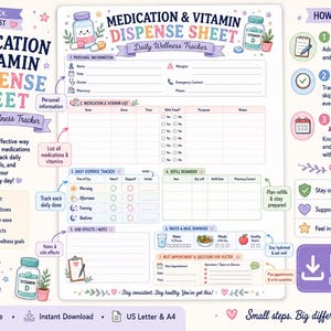 Può includere: Un foglio di monitoraggio giornaliero Medication & Vitamin Dispense Sheet. Il documento include sezioni per informazioni personali, elenchi di farmaci, monitoraggio delle dosi giornaliere, promemoria per le ricariche, effetti collaterali e appuntamenti medici.