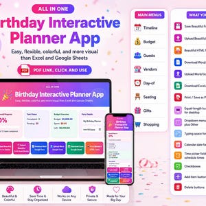 May include: A laptop and smartphone show the "Birthday Interactive Planner App". The app is described as easy, flexible, and colourful. The image includes balloons, a cake, and various app features.